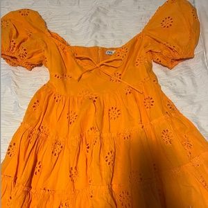 Zara Orange Embroidered Mini Dress w/ Puff Sleeves